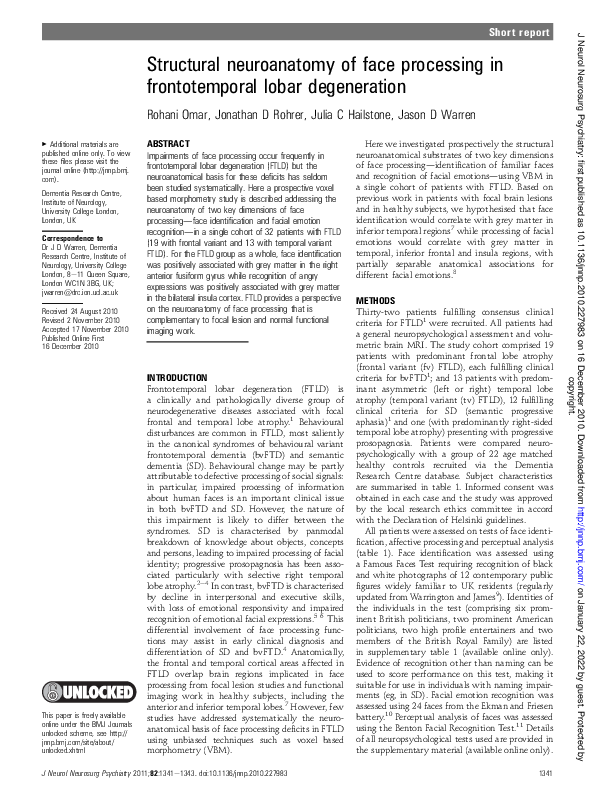 (PDF) Structural neuroanatomy of face processing in frontotemporal ...