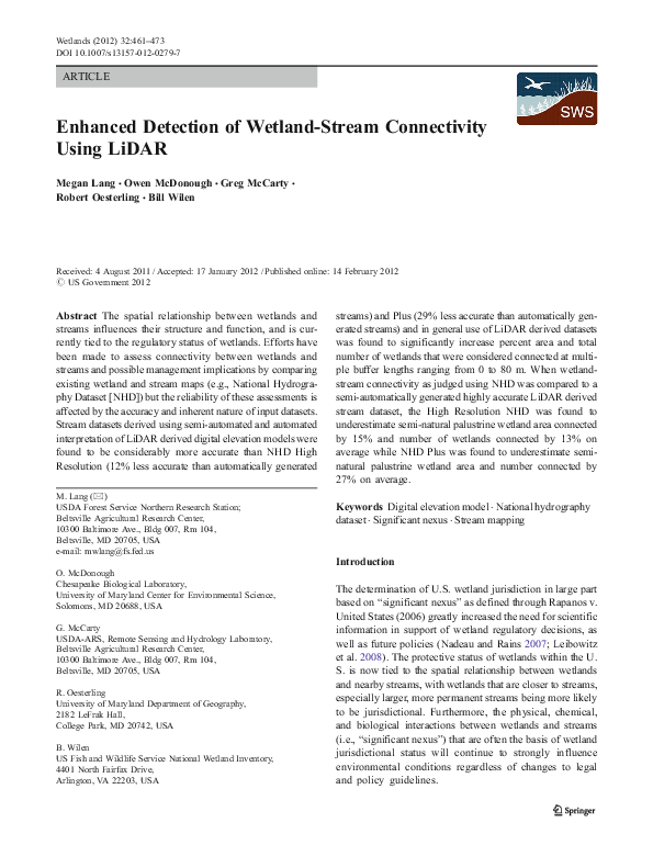 (PDF) Enhanced Detection of Wetland-Stream Connectivity Using LiDAR