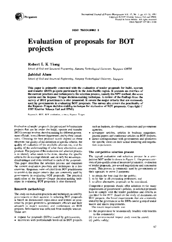 (PDF) Evaluation of proposals for BOT projects