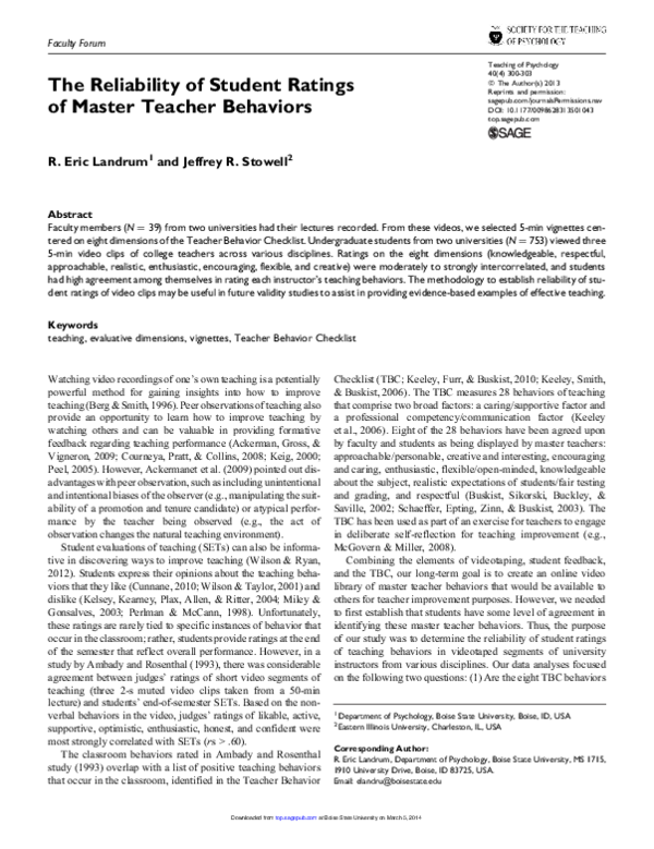 (PDF) The Reliability of Student Ratings of Master Teacher Behaviors