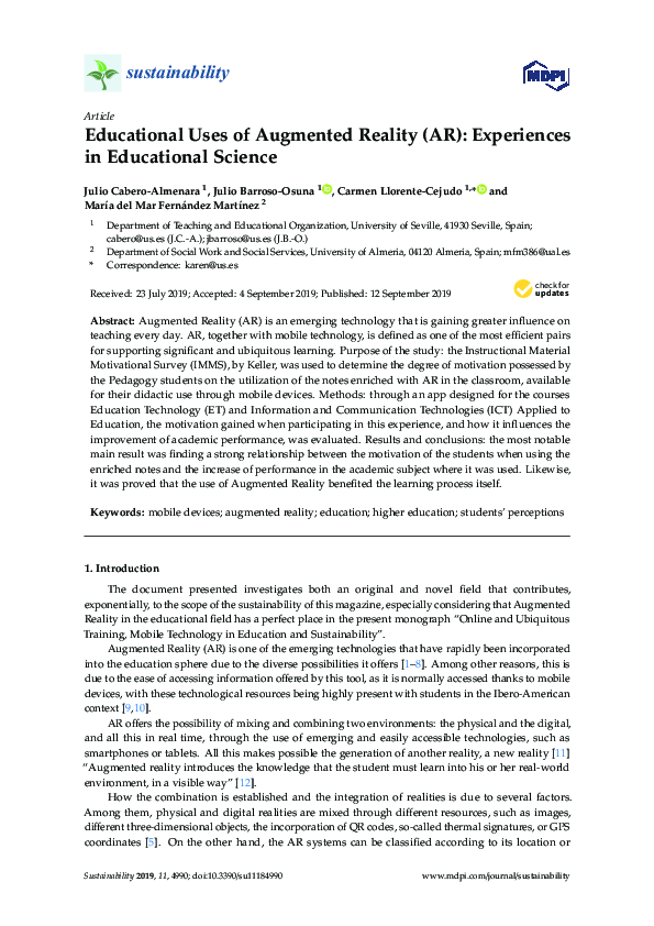 (PDF) Educational Uses of Augmented Reality (AR): Experiences in ...