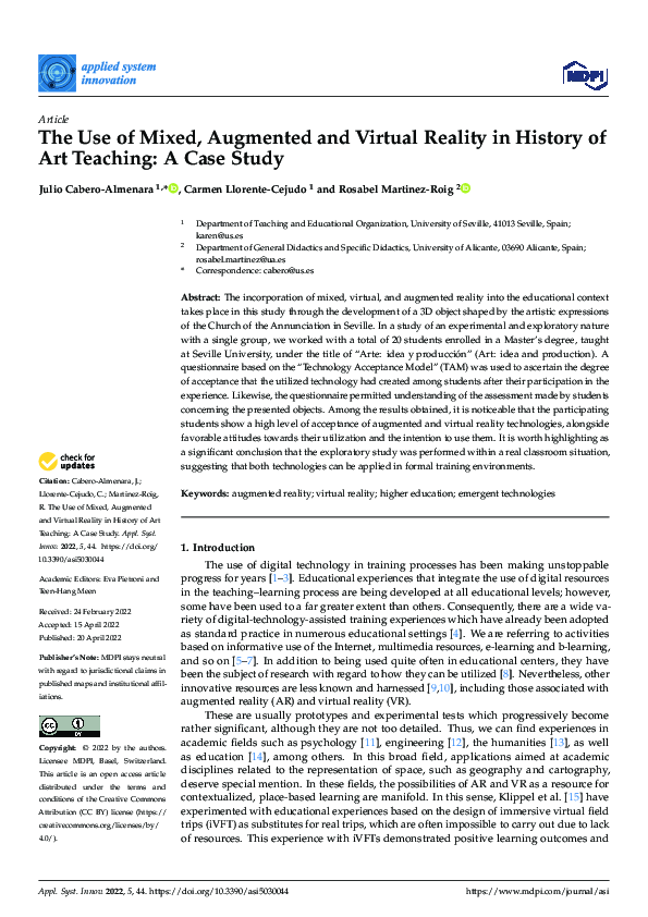 (PDF) The Use of Mixed, Augmented and Virtual Reality in History of Art ...