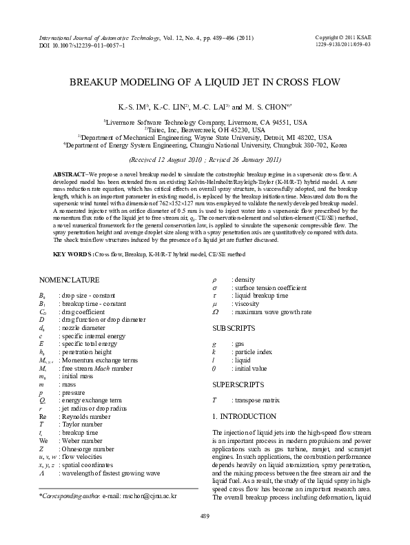 (PDF) Breakup modeling of a liquid jet in cross flow