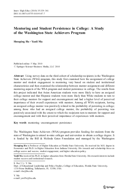 (PDF) Mentoring and Student Persistence in College: A Study of the ...