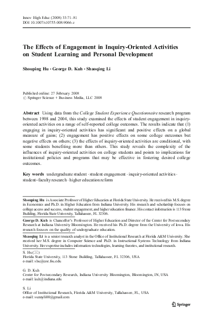 (PDF) The Effects of Engagement in Inquiry-Oriented Activities on ...