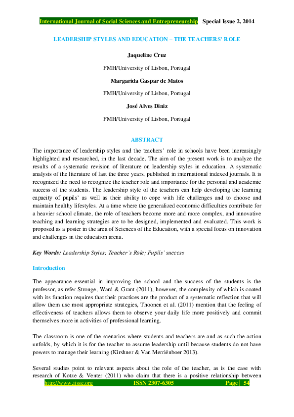 (PDF) Leadership Styles and Education – the Teachers’ Role