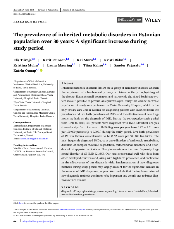 (PDF) The prevalence of inherited metabolic disorders in Estonian ...