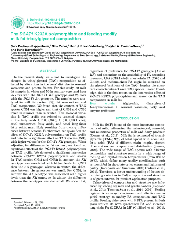 (PDF) The DGAT1 K232A polymorphism and feeding modify milk fat ...