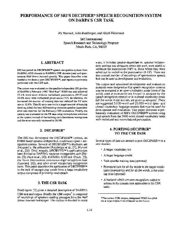 (PDF) Performance of SRI's DECIPHER#8482; speech recognition system on ...