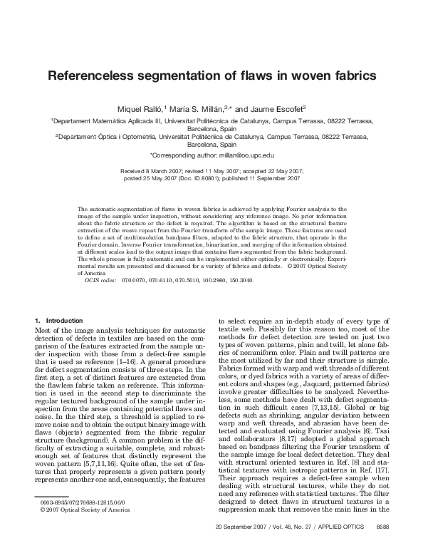 (PDF) Referenceless segmentation of flaws in woven fabrics