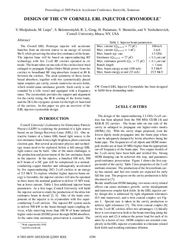 (PDF) Design of the CW Cornell ERL Injector Cryomodule