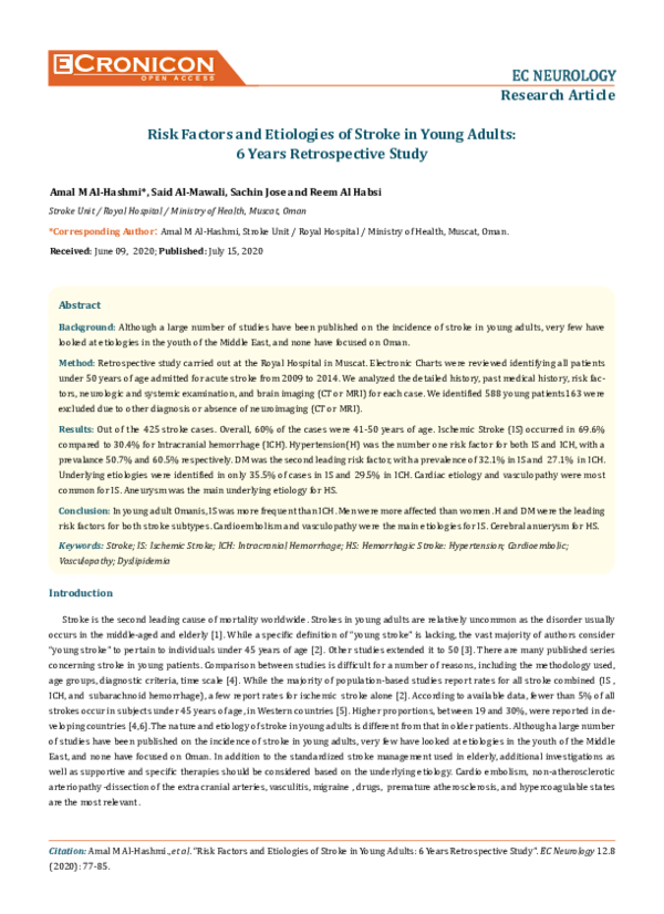 (PDF) Risk Factors and Etiologies of Stroke in Young Adults:6 Years ...