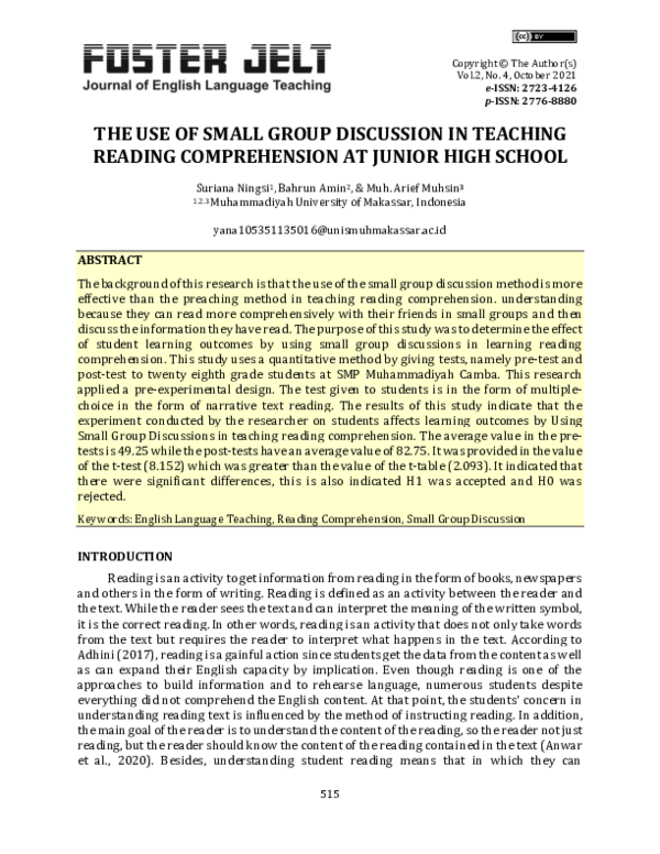 (PDF) The Use of Small Group Discussion in Teaching Reading ...