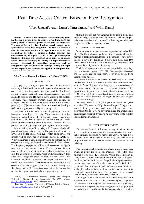 (PDF) Real Time Access Control Based on Face Recognition