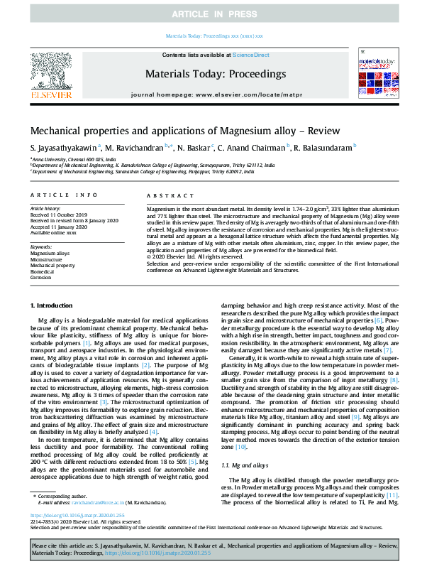 (PDF) Mechanical properties and applications of Magnesium alloy – Review