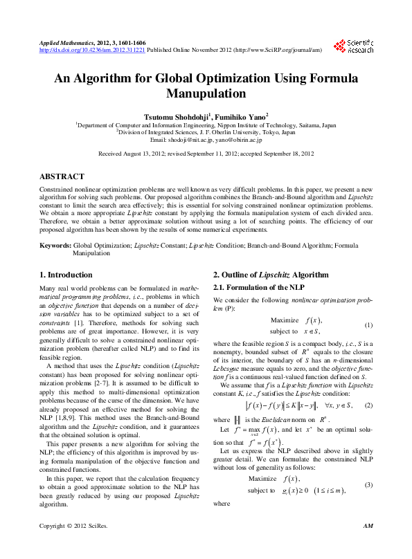 (PDF) An Algorithm for Global Optimization Using Formula Manupulation