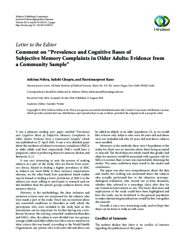 (PDF) Comment on “Prevalence and Cognitive Bases of Subjective Memory ...