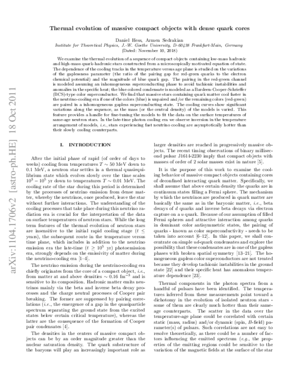 (PDF) Thermal evolution of massive compact objects with dense quark cores