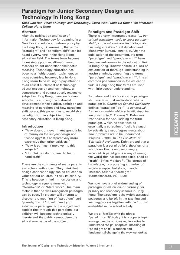 (PDF) Paradigm for Junior Secondary Design and Technology in Hong Kong