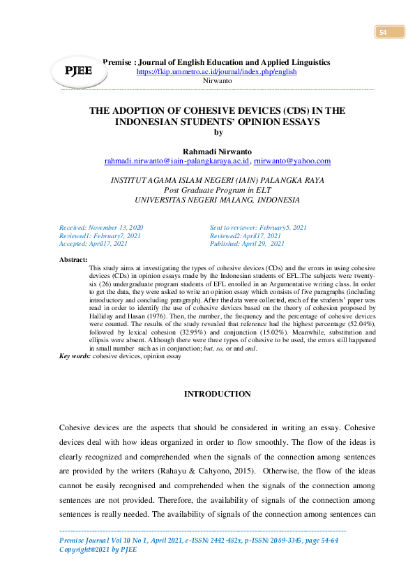 (PDF) The Adoption of Cohesive Devices (CDs) in Indonesian Students of ...