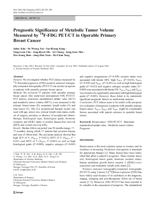 (PDF) Prognostic Significance of Metabolic Tumor Volume Measured by 18F ...
