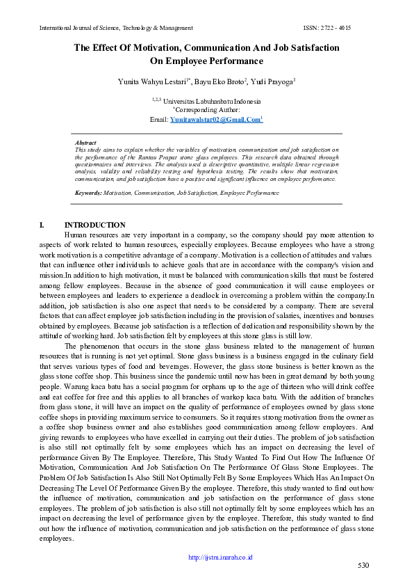 (PDF) The Effect Of Motivation, Communication And Job Satisfaction On ...