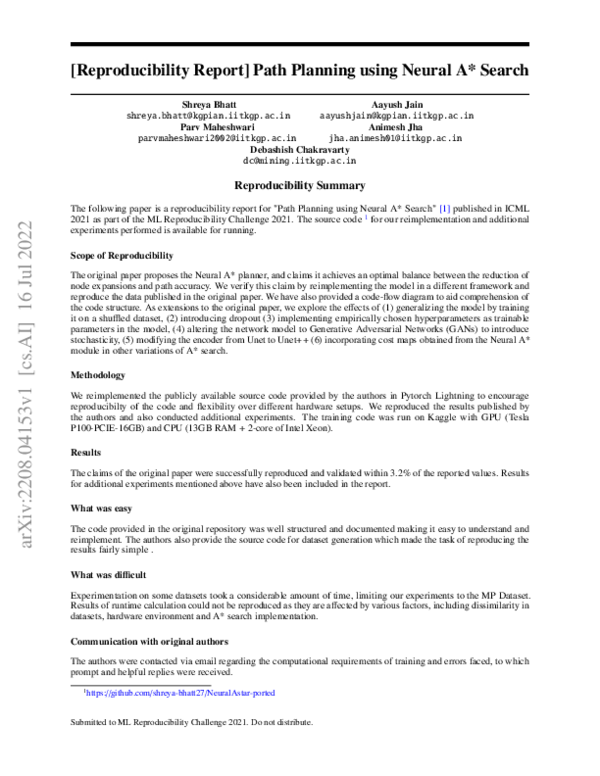 (PDF) [Reproducibility Report] Path Planning using Neural A* Search