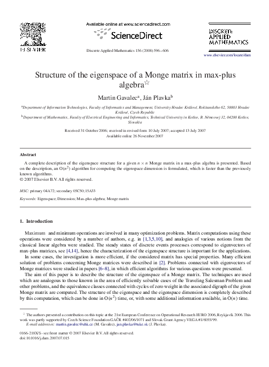 (PDF) Structure of the eigenspace of a Monge matrix in max-plus algebra