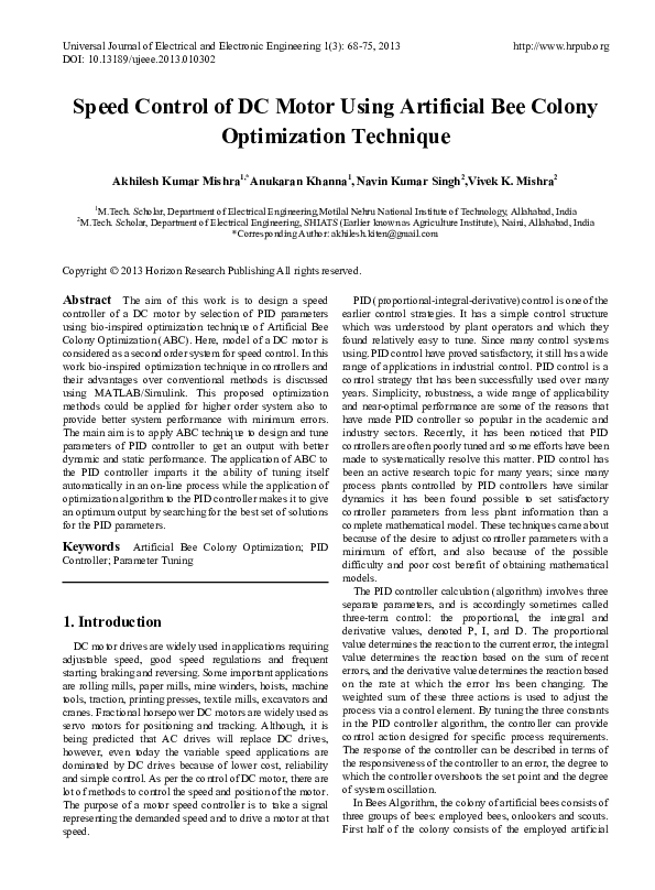 (PDF) Speed control of dc motor using artificial bee colony ...