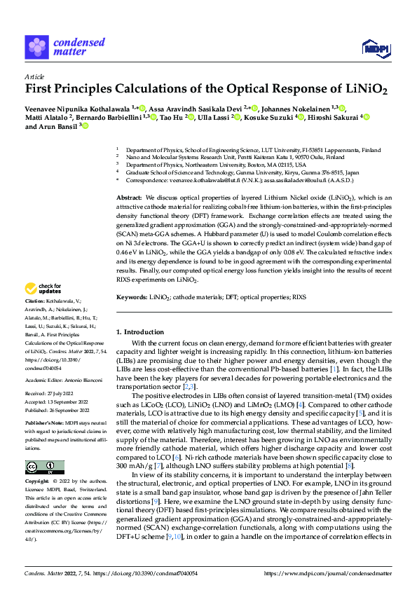 (PDF) First Principles Calculations of the Optical Response of LiNiO2