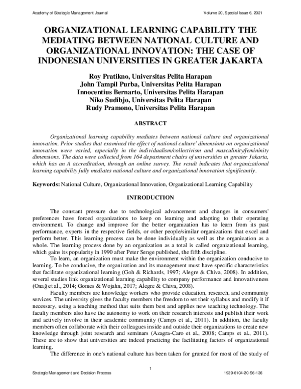 (PDF) Organizational learning capability the mediating between national ...