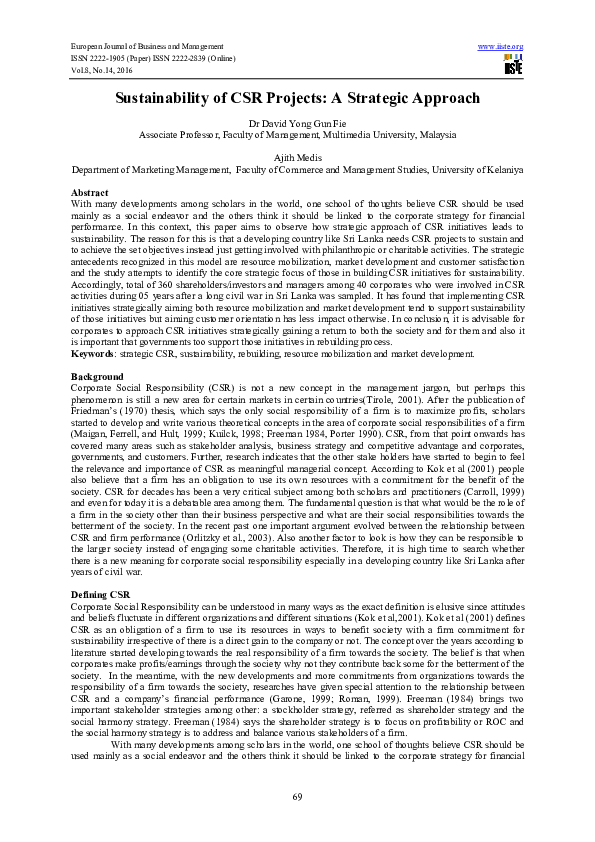 (PDF) Sustainability of CSR Projects: A Strategic Approach