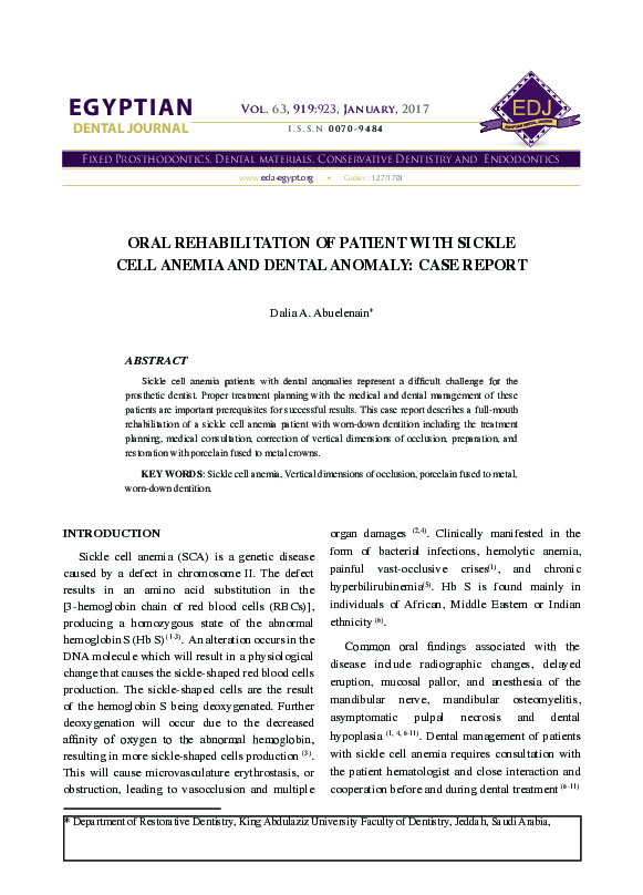 (PDF) Oral Rehabilitation of Patient with Sickle Cell Anemia and Dental ...