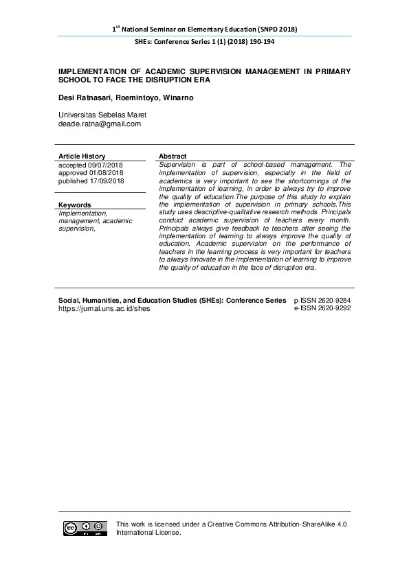 Implementation of Academic Supervision Management in Primary School to Face the Disruption Era