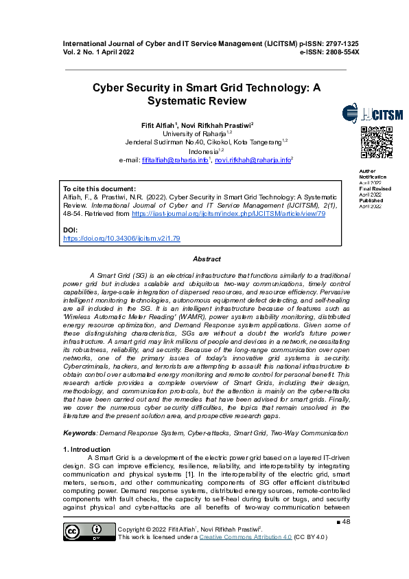 (PDF) Cyber Security in Smart Grid Technology: A systematic Review