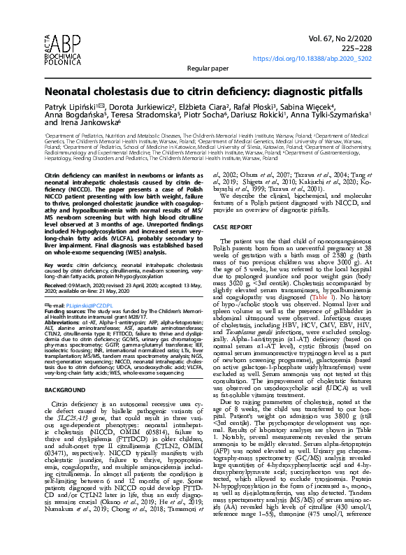 (PDF) Neonatal cholestasis due to citrin deficiency: diagnostic pitfalls