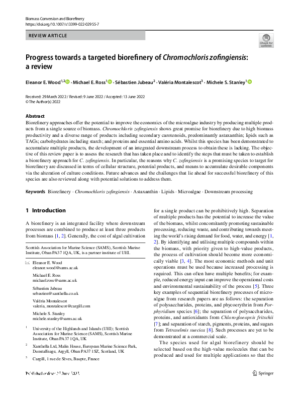 (PDF) Progress towards a targeted biorefinery of Chromochloris zofingiensis a review MIchele