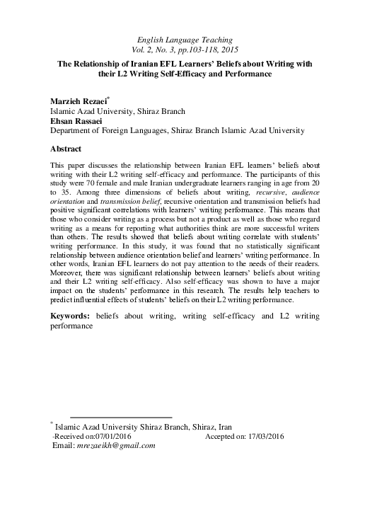 (PDF) The Relationship of Iranian EFL Learners’ Beliefs about Writing ...