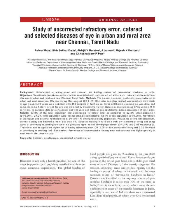 (PDF) Study of uncorrected refractory error, cataract and selected ...