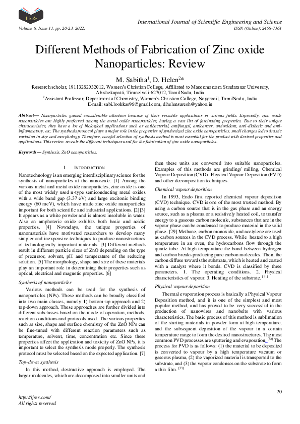 (PDF) Different Methods of Fabrication of Zinc oxide Nanoparticles: Review