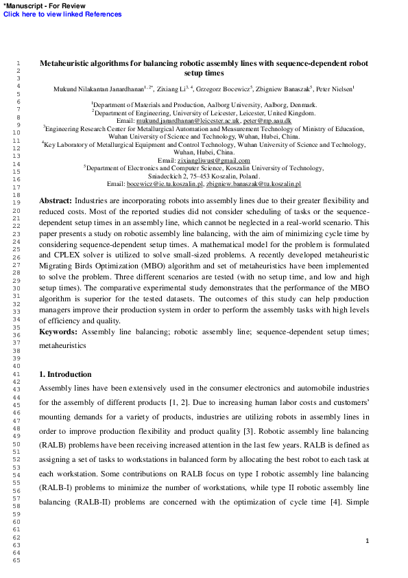 (PDF) Metaheuristic algorithms for balancing robotic assembly lines ...