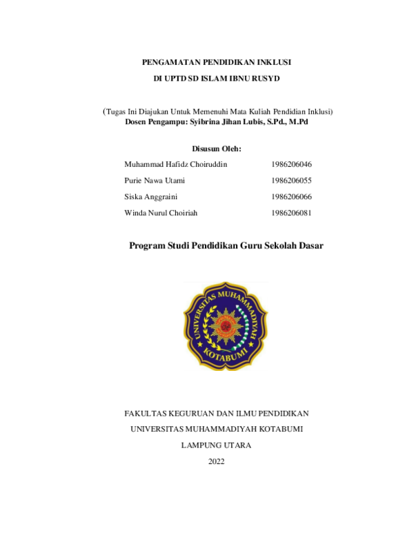 (PDF) LAPORAN PENDIDIKAN INKLUSI DI UPTD SD ISLAM IBNU RUSYD