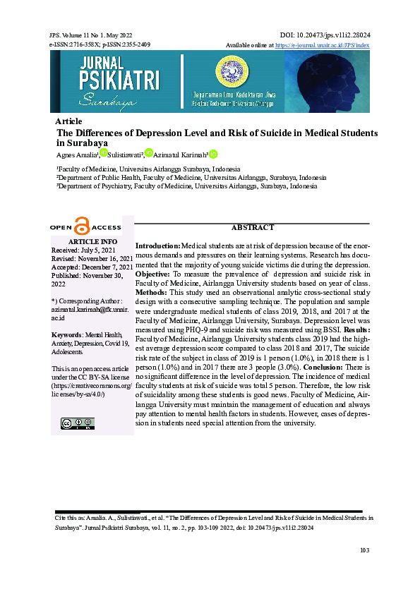 (PDF) The Differences of Depression Level and Risk of Suicide in ...