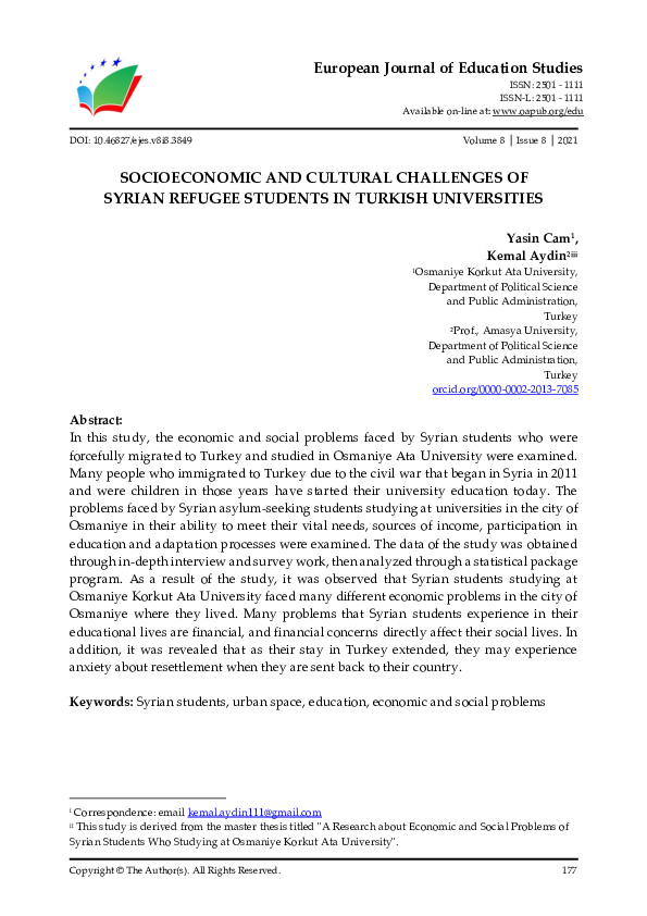 (PDF) SOCIOECONOMIC AND CULTURAL CHALLENGES OF SYRIAN REFUGEE STUDENTS ...