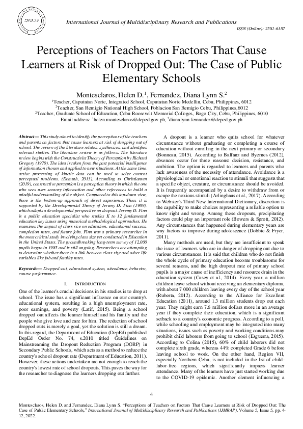 (PDF) Perceptions of Teachers on Factors That Cause Learners at Risk of ...