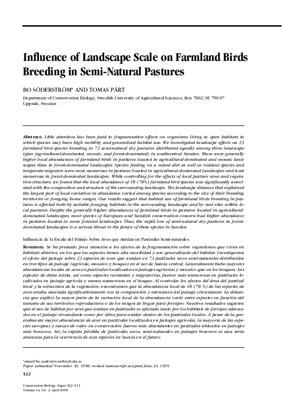 (PDF) Influence of Landscape Scale on Farmland Birds Breeding in Semi ...