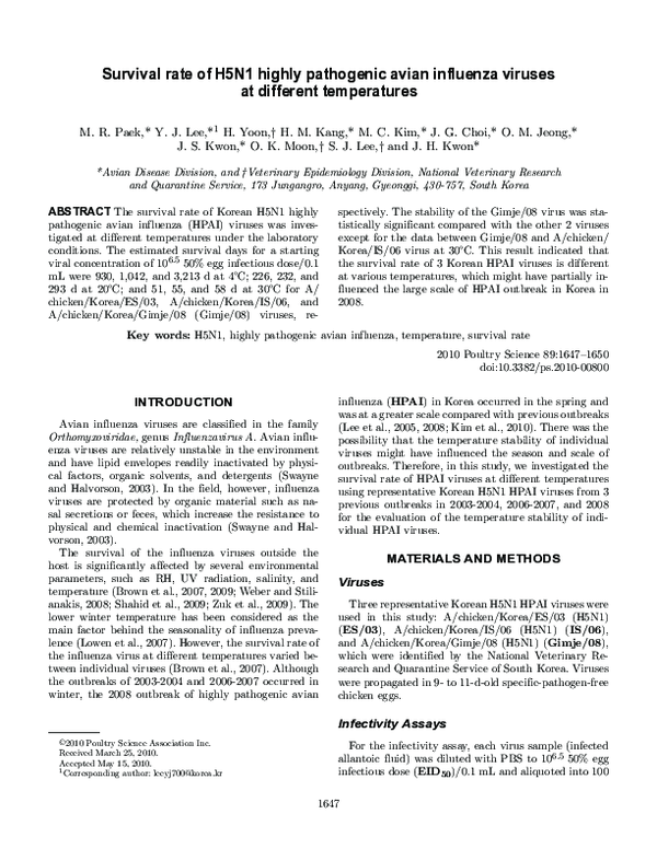 (PDF) Survival rate of H5N1 highly pathogenic avian influenza viruses ...