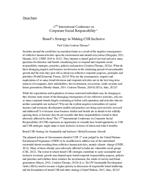 (PDF) Board’s Strategy in Making CSR Inclusive