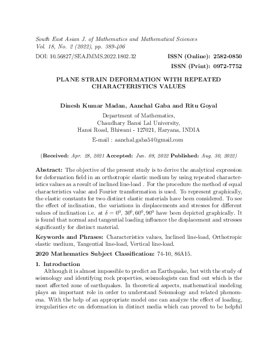 (PDF) Plane Strain Deformation with Repeated Characteristics Values