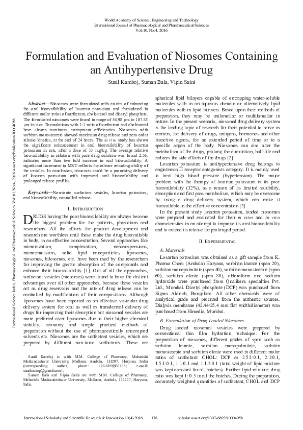 (PDF) Formulation And Evaluation Of Niosomes Containing An ...